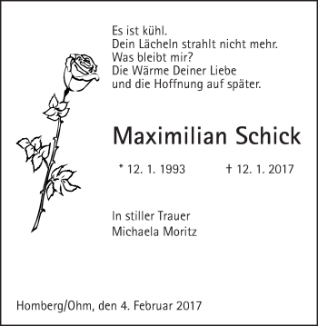 Traueranzeige von Maximilian Schick von Alsfelder Allgemeine