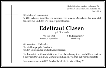 Traueranzeige von Edeltraut Clasen von Wetterauer Zeitung, Wetterauer Zeitung