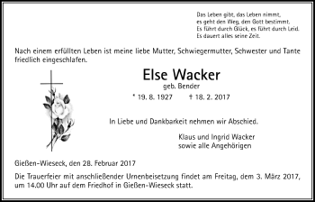 Traueranzeige von Else Wacker von Giessener Allgemeine, Alsfelder Allgemeine