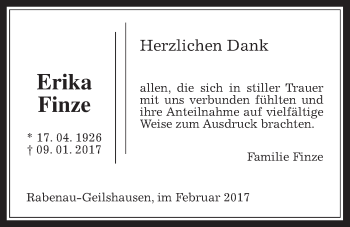 Traueranzeige von Erika Finze von Rabenauer Zeitung