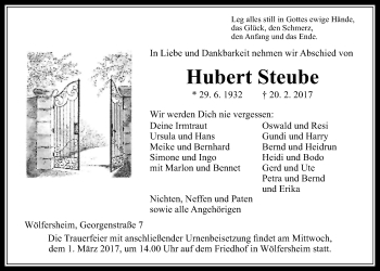 Traueranzeige von Hubert Steube von Wetterauer Zeitung, Wetterauer Zeitung