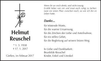 Traueranzeige von Helmut Reuschel von Giessener Allgemeine, Alsfelder Allgemeine