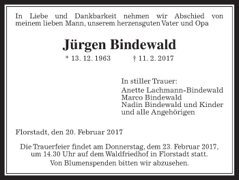 Traueranzeige von Jürgen Bindewald von Wetterauer Zeitung, Wetterauer Zeitung