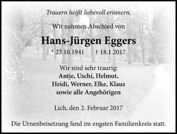 Traueranzeige von Hans-Jürgen Eggers von Licher Wochenblatt, Licher Wochenblatt, Licher Wochenblatt