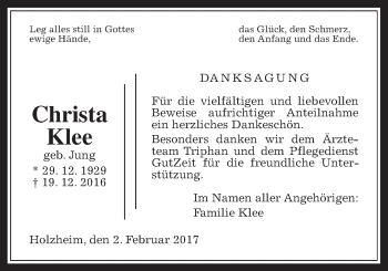 Traueranzeige von Christa Klee von Pohlheimer Nachrichten