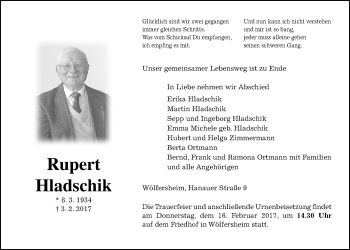 Traueranzeige von Rupert Hladschik von Wetterauer Zeitung, Wetterauer Zeitung