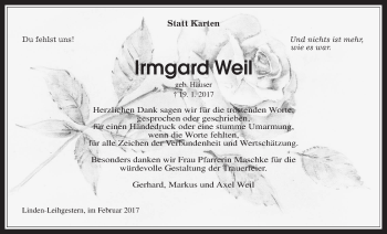 Traueranzeige von Irmgard Weil von Giessener Allgemeine, Alsfelder Allgemeine