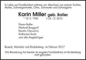 Traueranzeige von Karin Miller von Giessener Allgemeine, Alsfelder Allgemeine