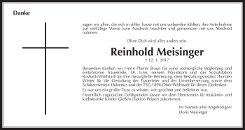 Traueranzeige von Reinhold Meisinger von Wetterauer Zeitung, Wetterauer Zeitung