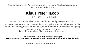 Traueranzeige von Klaus Peter Jacob von Giessener Allgemeine, Alsfelder Allgemeine