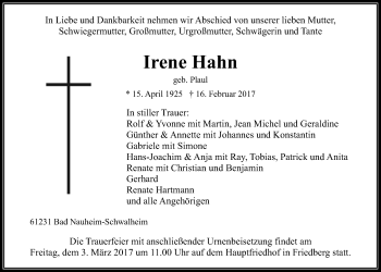 Traueranzeige von Irene Hahn von Wetterauer Zeitung, Wetterauer Zeitung