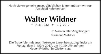 Traueranzeige von Walter Wildner von Giessener Allgemeine, Alsfelder Allgemeine