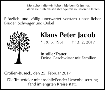 Traueranzeige von Klaus Peter Jacob von Giessener Allgemeine, Alsfelder Allgemeine