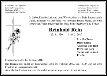 Traueranzeige von Reinhold Rein von Giessener Allgemeine, Alsfelder Allgemeine