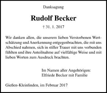 Traueranzeige von Rudolf Becker von Giessener Allgemeine, Alsfelder Allgemeine