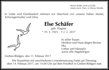Traueranzeige von Else Schäfer von Giessener Allgemeine, Alsfelder Allgemeine