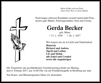 Traueranzeige von Gerda Becker von Alsfelder Allgemeine