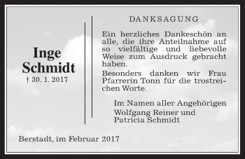 Traueranzeige von Inge Schmidt von Wetterauer Zeitung, Wetterauer Zeitung