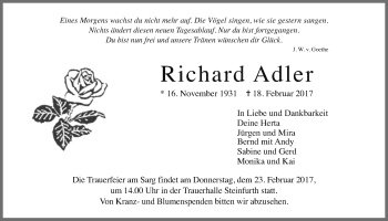 Traueranzeige von Richard Adler von Wetterauer Zeitung, Wetterauer Zeitung