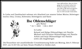 Traueranzeige von Ilse Ohlenschläger von Giessener Allgemeine, Alsfelder Allgemeine