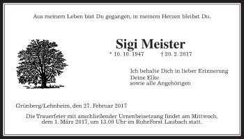 Traueranzeige von Sigi Meister von Giessener Allgemeine, Alsfelder Allgemeine