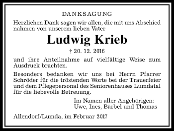 Traueranzeige von Ludwig Krieb von Allendorfer Mitteilungen