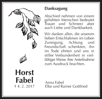 Traueranzeige von Horst Fabel von Giessener Allgemeine, Alsfelder Allgemeine