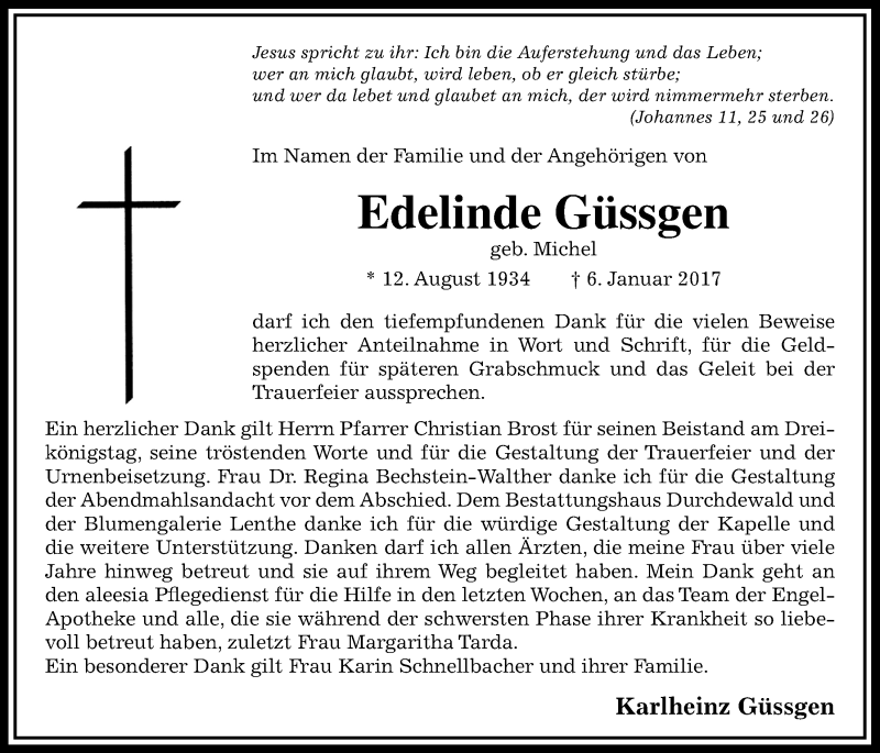  Traueranzeige für Edelinde Güssgen vom 18.02.2017 aus Wetterauer Zeitung, Wetterauer Zeitung