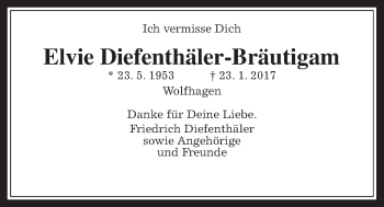 Traueranzeige von Elvie Diefenthäler-Bräutigam von Wetterauer Zeitung, Wetterauer Zeitung