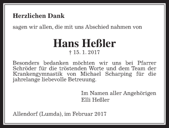 Traueranzeige von Hans Heßler von Allendorfer Mitteilungen