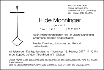 Traueranzeige von Hilde Monninger von Giessener Allgemeine, Alsfelder Allgemeine