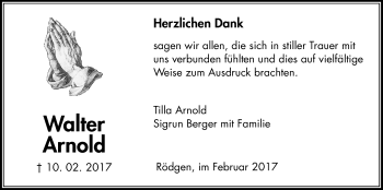 Traueranzeige von Walter Arnold von Giessener Allgemeine, Alsfelder Allgemeine
