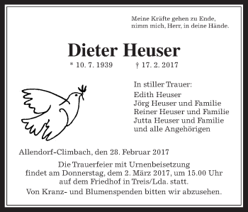 Traueranzeige von Dieter Heuser von Giessener Allgemeine, Alsfelder Allgemeine