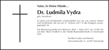 Traueranzeige von Ludmila Vydra von Wetterauer Zeitung, Wetterauer Zeitung