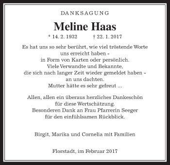 Traueranzeige von Meline Haas von Wetterauer Zeitung, Wetterauer Zeitung