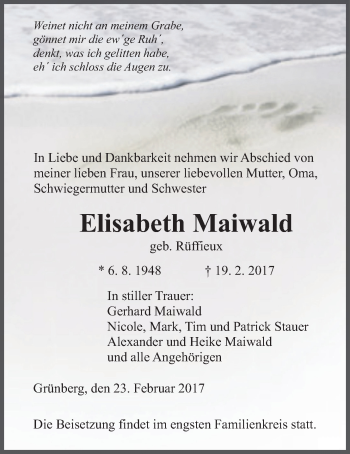 Traueranzeige von Elisabeth Maiwald von Giessener Allgemeine, Alsfelder Allgemeine