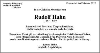 Traueranzeige von Rudolf Hahn von Giessener Allgemeine, Alsfelder Allgemeine