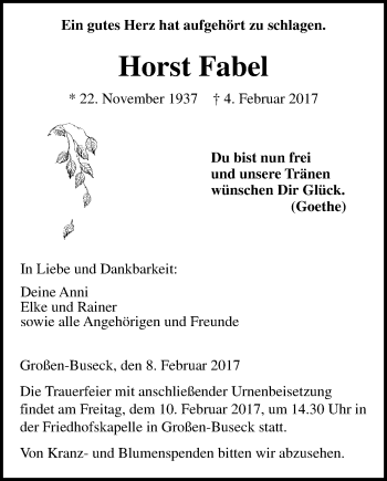 Traueranzeige von Horst Fabel von Giessener Allgemeine, Alsfelder Allgemeine