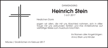 Traueranzeige von Heinrich Stein von Giessener Allgemeine, Alsfelder Allgemeine