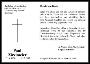 Traueranzeige von Paul Zirzlmeier von Licher Wochenblatt, Licher Wochenblatt, Licher Wochenblatt