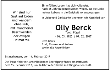 Traueranzeige von Olly Berck von Giessener Allgemeine, Alsfelder Allgemeine