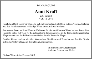 Traueranzeige von Anni Kraft von Giessener Allgemeine, Alsfelder Allgemeine