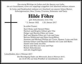 Traueranzeige von Hilde Föhre von Giessener Allgemeine, Alsfelder Allgemeine