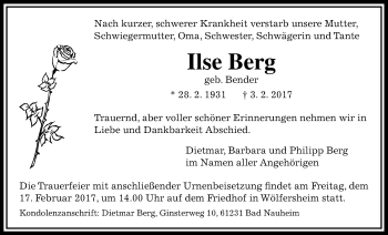 Traueranzeige von Ilse Berg von Wetterauer Zeitung, Wetterauer Zeitung