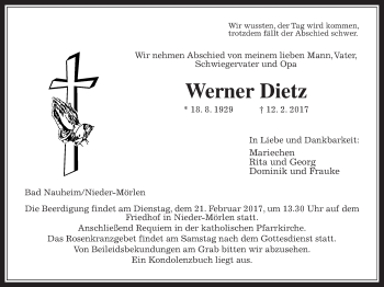 Traueranzeige von Werner Dietz von Wetterauer Zeitung, Wetterauer Zeitung
