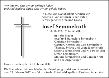 Traueranzeige von Josef Semmelroth von Giessener Allgemeine, Alsfelder Allgemeine