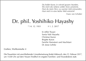 Traueranzeige von Yoshihiko Hayashy von Giessener Allgemeine, Alsfelder Allgemeine