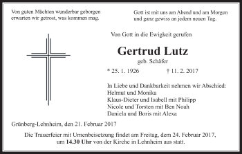 Traueranzeige von Gertrud Lutz von Giessener Allgemeine, Alsfelder Allgemeine