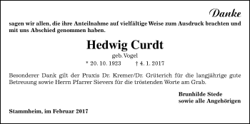 Traueranzeige von Hedwig Curdt von Wetterauer Zeitung, Wetterauer Zeitung