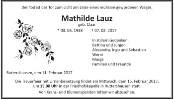 Traueranzeige von Mathilde Lauz von Giessener Allgemeine, Alsfelder Allgemeine